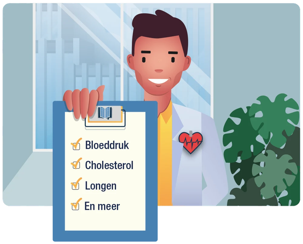 Illustratie van de onderdelen van de health check: bloeddruk, cholesterol, longen en meer